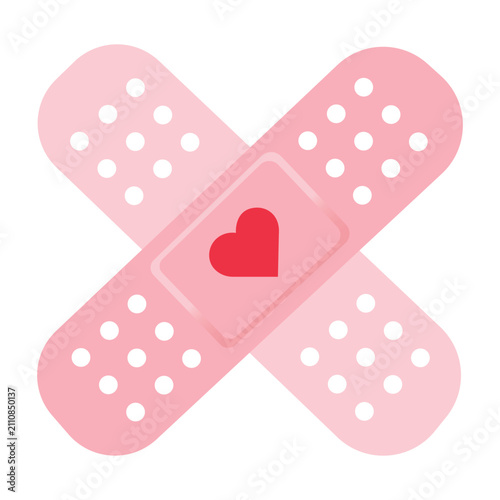 Fotografija Heart Shaped Bandage: Two pink bandages in a cross shape adorned with a red heart, symbolizing care, healing, and love