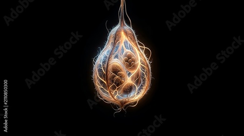 Abstract Glowing Energy Orb with Tendrils on Black Background.