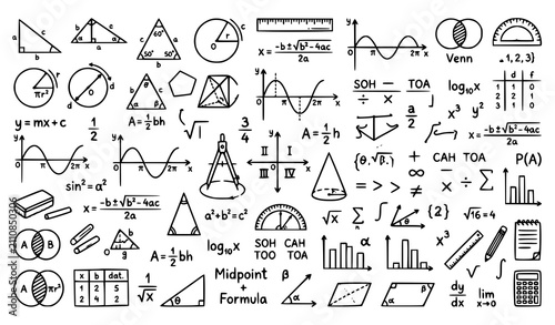 Foto Comprehensive Mathematics Education Line Icons Set Featuring Geometry Algebra Tr
