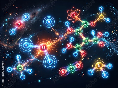 Abstract glowing molecular structures and atoms in deep space.
