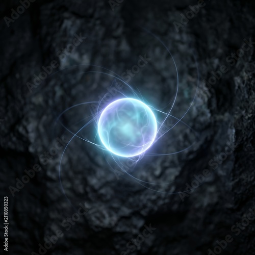 Abstract Glowing Orb Energy Sphere with Swirling Light Particles.