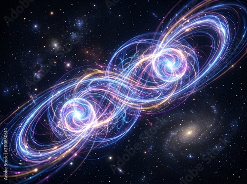 Abstract representation of two colliding black holes in deep space.