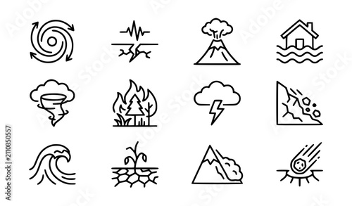 Natural disaster and extreme weather line icon set featuring earthquake volcano flood tornado wildfire lightning landslide tsunami drought and avalanche symbols for safety layouts
