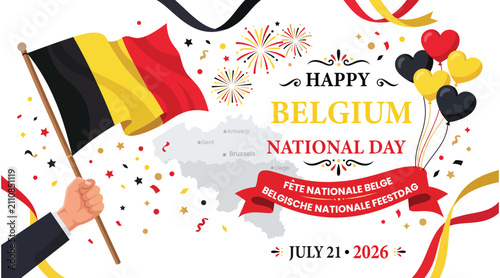 Obraz na płótnie Happy Belgium National Day Celebration: A vibrant depiction of Belgium's National Day, featuring the national flag, balloons, confetti, and fireworks, set against a map of Belgium
