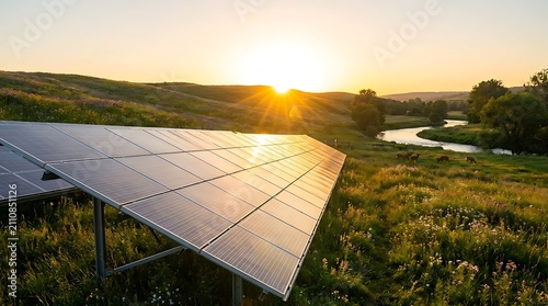 Solar panels in a green field at sunset. Renewable energy farm for sustainable power.