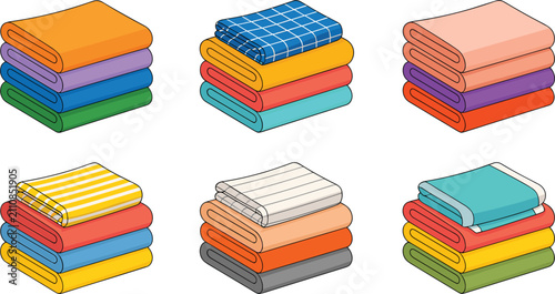 Folded blankets and bath towels stack vector set, colorful fabric linens isometric cartoon illustration template
