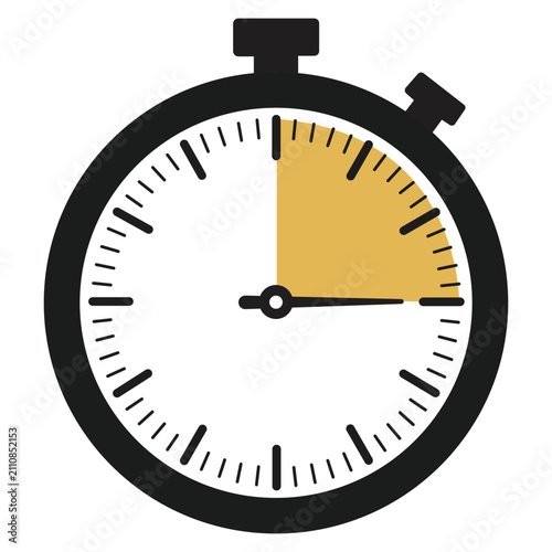 Stopwatch at 15 Minutes: A minimalist illustration of a stopwatch, its face displaying a yellow segment indicating 15 minutes, symbolizing time management and urgency.