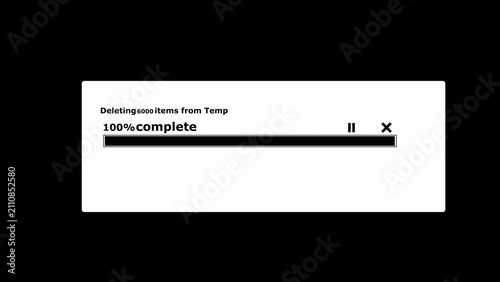 A computer screen dialog box showing a progress bar at one hundred percent complete while deleting six thousand from a temporary folder