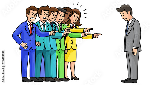 Tableau sur toile Illustration of angry business colleagues pointing fingers at a sad stressed bus