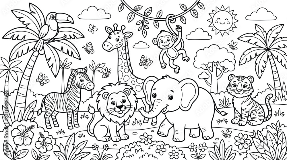 Obraz premium Vector illustration of cute tropical jungle animals in a wild habitat for kids coloring page with elephant tropical coloring activity illustration childish creative creature adventure