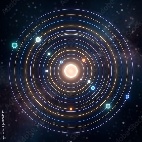 Solar System Model with Planets Orbiting the Sun in Space.