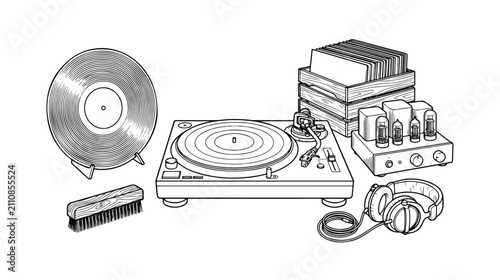 Canvastavla アナログレコードとターンテーブル、アンプ、ヘッドホン、LPレコードの白黒線画イラスト