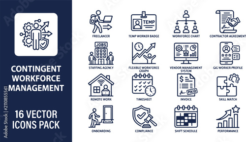 16 professional bold line vector icons for contingent workforce management and modern HR solutions