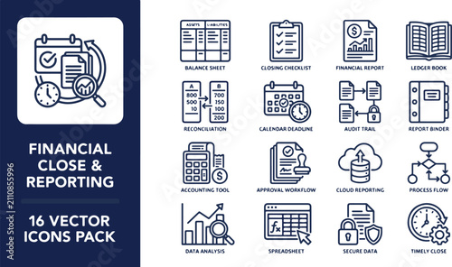 Financial Close and Reporting Icons Pack A Professional 16 Icon Bold Line Art Illustration for Business and Accounting
