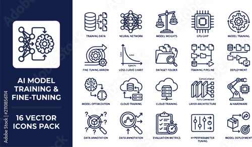 A professional 16 icon bold linear vector set representing machine learning, deep learning,  neural networks, and model training processes for modern technology applications