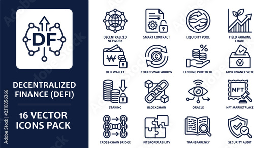 Professional bold line vector icon set for decentralized finance and blockchain technology for digital interfaces