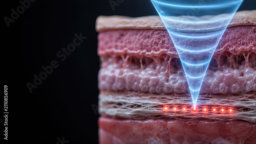 3D illustration of laser therapy targeting multiple skin tissue layers with collagen and cells