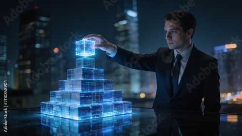 Businessman building pyramid structure with glowing blue holographic cubes