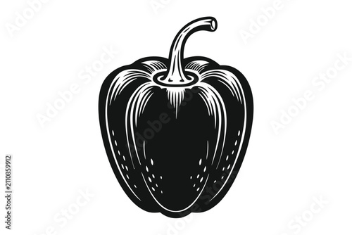 Detailed monochrome vector illustration of a bell pepper on a plain white background