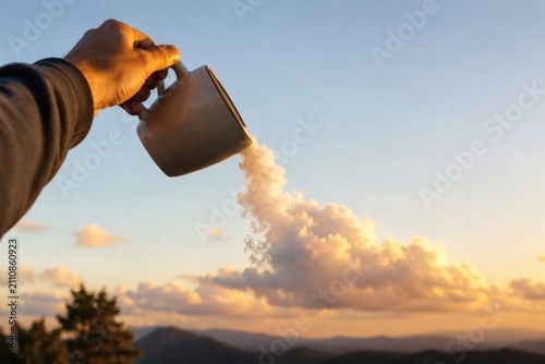Forced Perspective Photo of Person Pouring Clouds from Coffee Cup — Whimsical Optical Illusion Photography for Beverage Brands, Lifestyle Editorial, and Social Media Ad Content