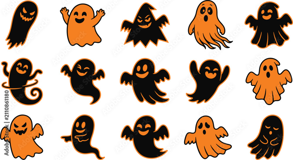 Obraz premium A collection of cute hand drawn ghost characters in black and orange colors for halloween party design elements