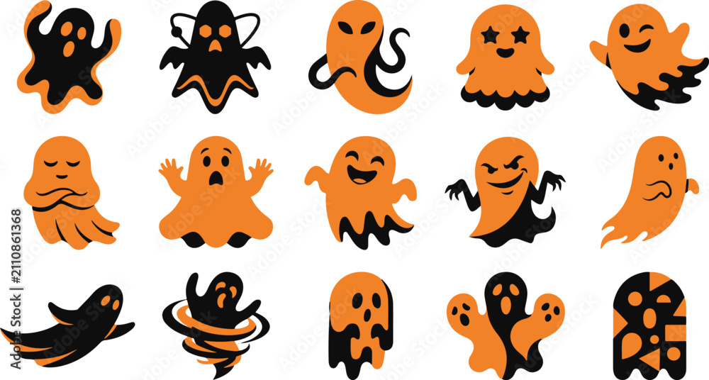 Obraz premium Set of cute and spooky ghosts in orange and black colors isolated on a white background for halloween design