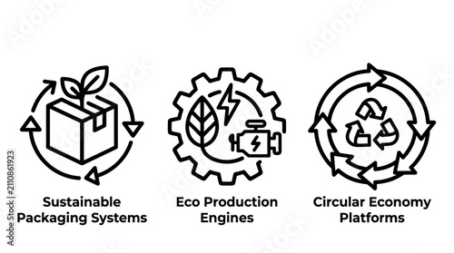 Set of three linear icons representing sustainable packaging systems eco production engines circular economy platforms for industrial sustainability concepts eco friendly sustainability