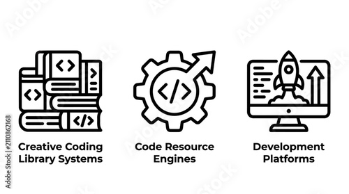 Development platform icons set featuring creative coding libraries and optimized code resource engines development platform software programming resource optimization technology computer
