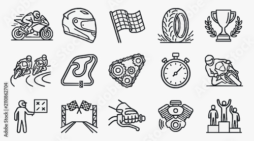 Cuadro en lienzo Sleek Black and White Line Set of Motorcycle Racing and Maintenance Icons with h