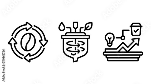 Coffee lifecycle and business growth strategy line icons with business strategy management industry technology lightbulb industrial production development efficiency beverage innovation