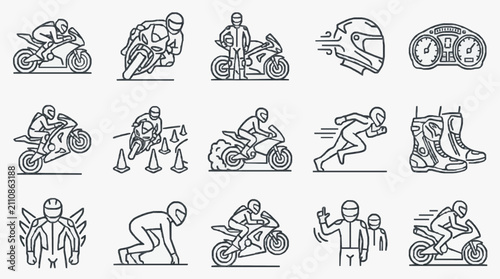 Cuadro en lienzo Industrial Black and White Line Set of Motorcycle Safety and Racing Action Icons