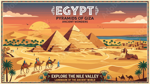 Retro travel poster of Egypt featuring the Pyramids of Giza, Sphinx, desert landscape, and camels at sunset