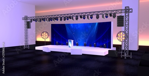 Modern empty stage for conference, exhibition, or party presentation with lighting, ideal for event branding and promotional displays. Empty stage for exhibition or event presentation, party scene