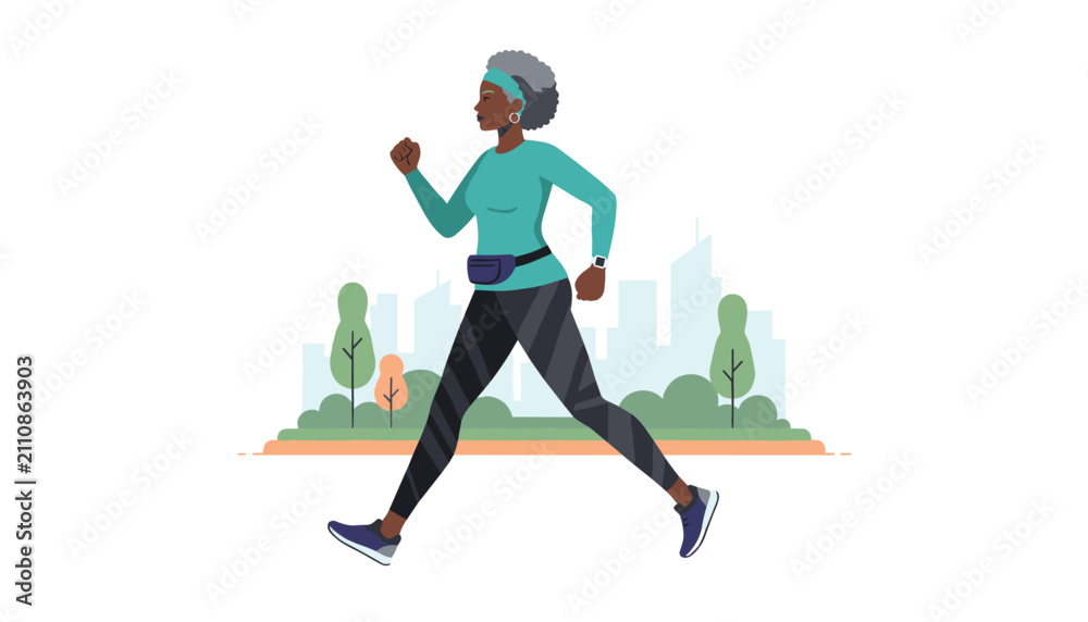Fototapeta premium Senior African American woman power walking in city park, maintaining active and healthy lifestyle in retirement.