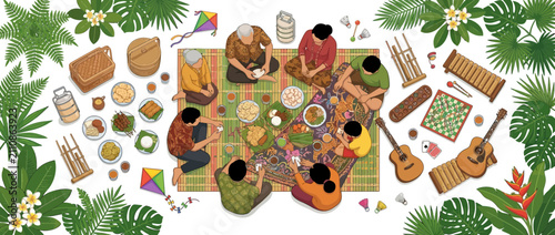 Indonesian People Having Traditional Communal Picnic Outdoor Illustration