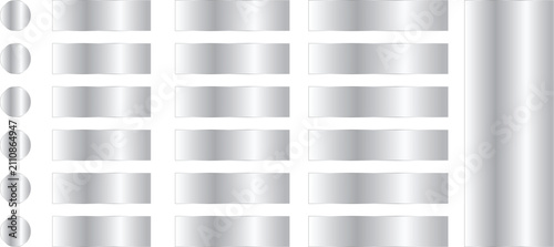 Silver metallic web ui element set with blank chrome banners, round buttons, rectangular plates, and vertical sidebar layout template vector illustration