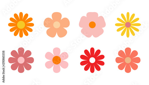 Groovy hippie daisy flower vector icon set, retro colorful floral collection, flat cartoon blossom shapes for decorative design, isolated on transparent background