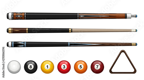 Professional Billiards Set Featuring Three Custom Wooden Pool Cues with Colorful Numbered Balls and a Classic Triangle Rack for Gaming