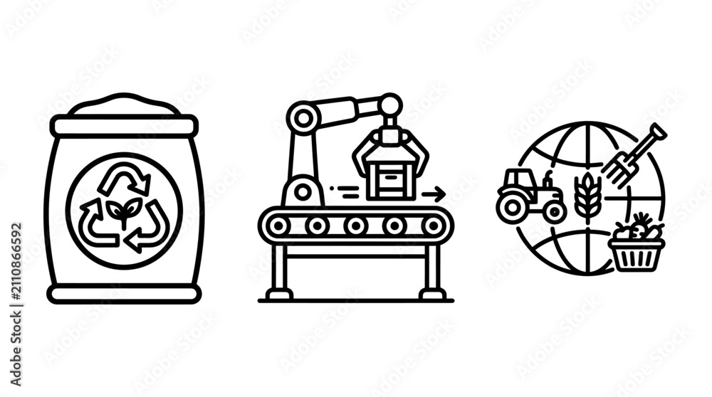 Obraz premium Set of sustainability and smart agriculture line art icons featuring recycling automated packing global farming logistics sustainability agriculture recycling automation logistics industry