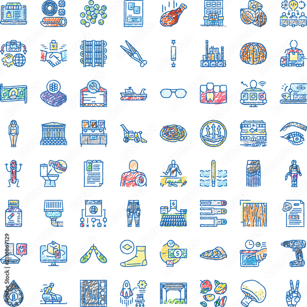 Fototapeta premium Collection of conceptual and descriptive hand drawn sketch icons illustrating various aspects of business, finance, food, technology, medical, industry, education, and art in a modern context