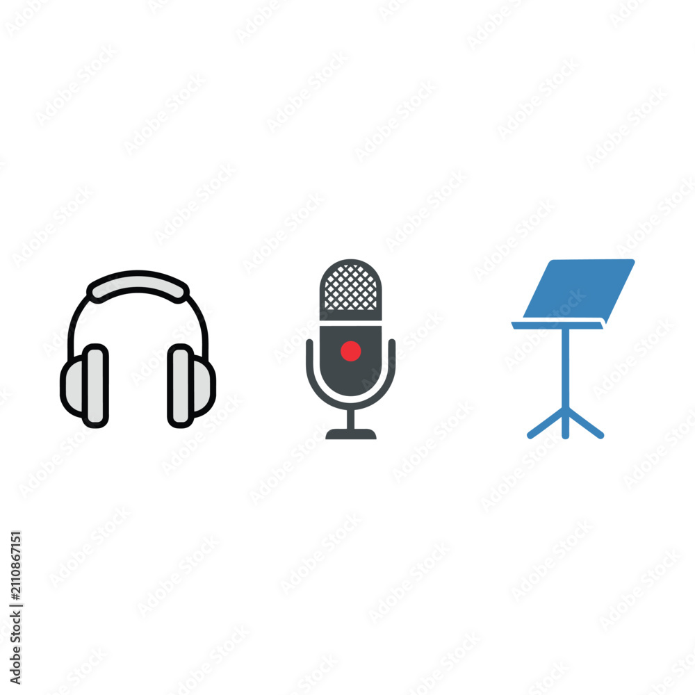 Fototapeta premium Music studio equipment icons including headphones, professional microphone and music stand over white background.