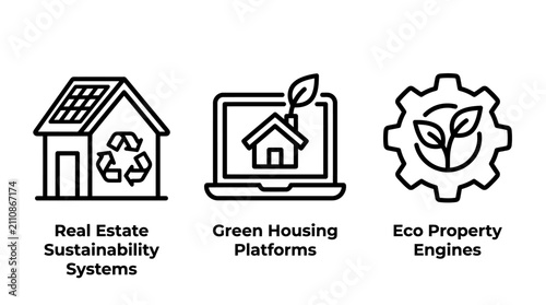 Green housing and real estate sustainability icons with sustainability environment property efficiency building renewable conservation management development architecture technology