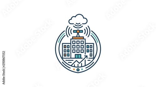 Modern line icon of a building for remote monitoring and smart architectural management systems