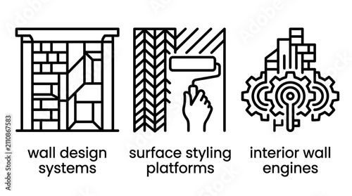 Interior wall design and surface styling systems icons with interior construction renovation finishing architecture building mechanism technique improvement structure technical engineering