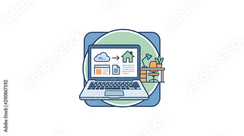 Modern laptop on desk for remote work home office line art illustration