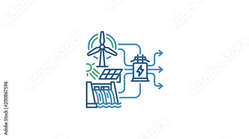 Renewable energy grid icon featuring solar panels wind turbines and electricity transmission line vector