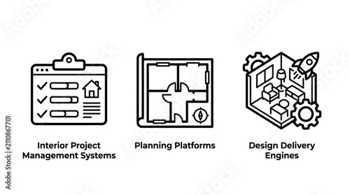 Interior project management planning platforms design delivery engine outline icons with management interior planning delivery platform architecture construction renovation workflow business