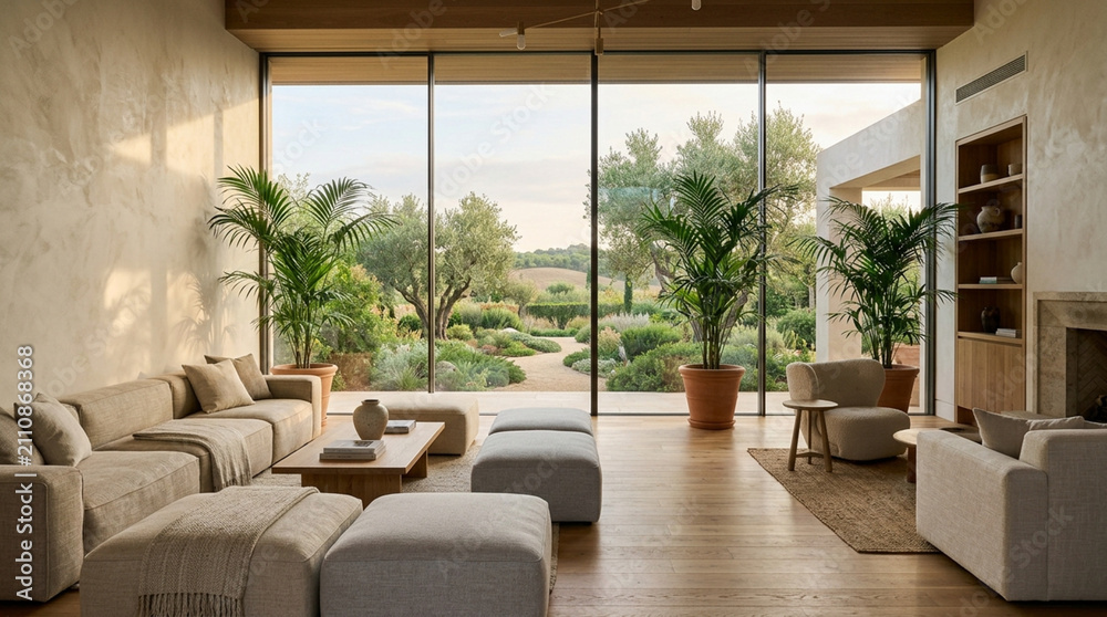 Fototapeta premium Modern Living Room with Panoramic Garden View