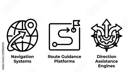 Navigation systems and route guidance icon set with navigation guidance direction assistance technology platform location traveling destinations optimization movement tracking cartography