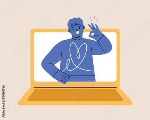 Boy showing ok or like on laptop. Colorful vector illustration